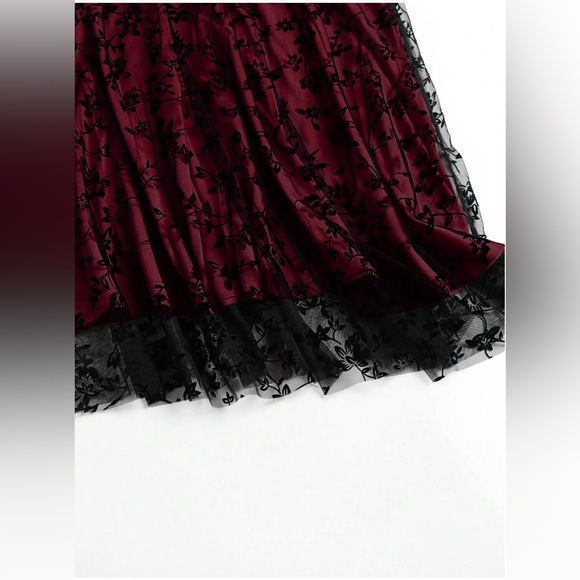 Floral Flocking Tulle Long A-Line Skirt Red - Picture 10 of 12